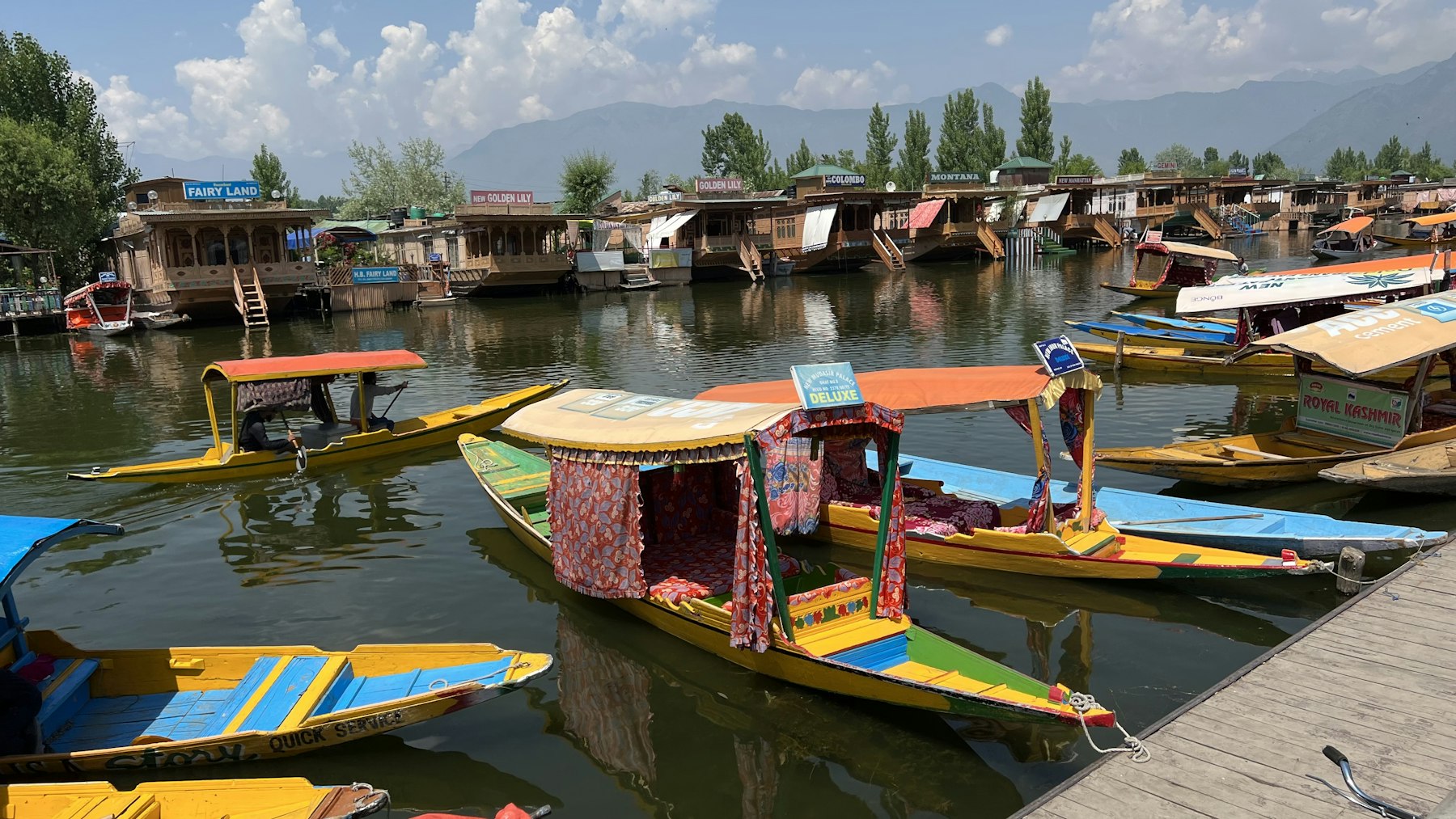 Colorful shikaras docked beside houseboats on Dal Lake